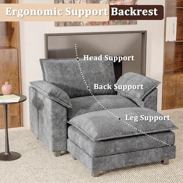 Alt view image 6 of 7 - 40" Chaise Lounge Chair for Single Comfy Upholstered Deep Seat Reading Arm Chair Clould Couch for Living Room, Apartment Office, Small Spaces (Light Grey-3, Single Sofa)