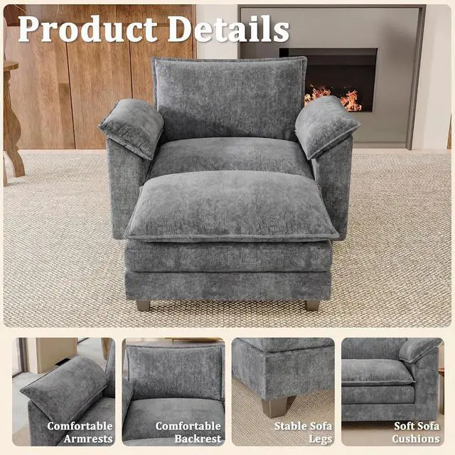 Alt view image 3 of 7 - 40" Chaise Lounge Chair for Single Comfy Upholstered Deep Seat Reading Arm Chair Clould Couch for Living Room, Apartment Office, Small Spaces (Light Grey-3, Single Sofa)