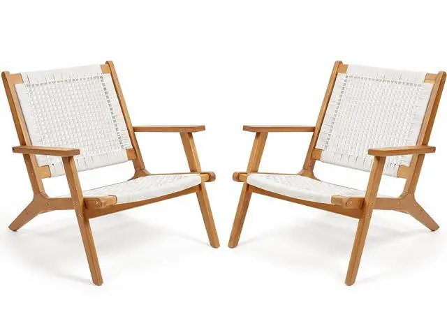 Main image of Patio Chairs, Adirondack Chairs Set of 2, Acacia Wood Outdoor Chairs with Woven Rope Seat for Porch, Poolside, Backyard, Beige