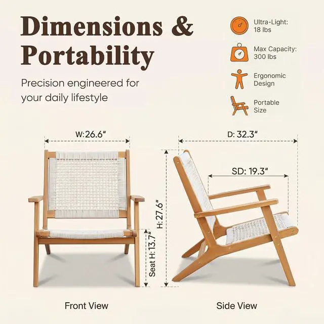 Alt view image 3 of 7 - Patio Chairs, Adirondack Chairs Set of 2, Acacia Wood Outdoor Chairs with Woven Rope Seat for Porch, Poolside, Backyard, Beige