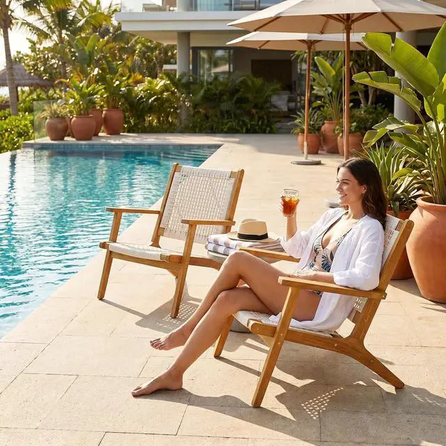 Alt view image 2 of 7 - Patio Chairs, Adirondack Chairs Set of 2, Acacia Wood Outdoor Chairs with Woven Rope Seat for Porch, Poolside, Backyard, Beige
