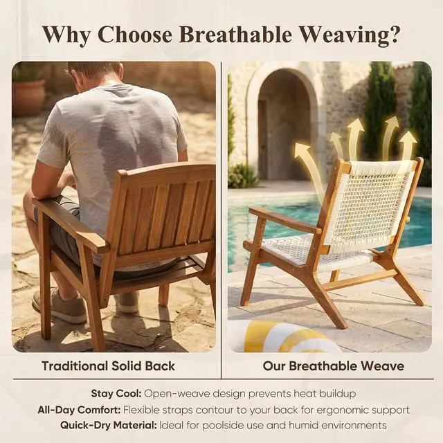 Alt view image 4 of 7 - Patio Chairs, Adirondack Chairs Set of 2, Acacia Wood Outdoor Chairs with Woven Rope Seat for Porch, Poolside, Backyard, Beige