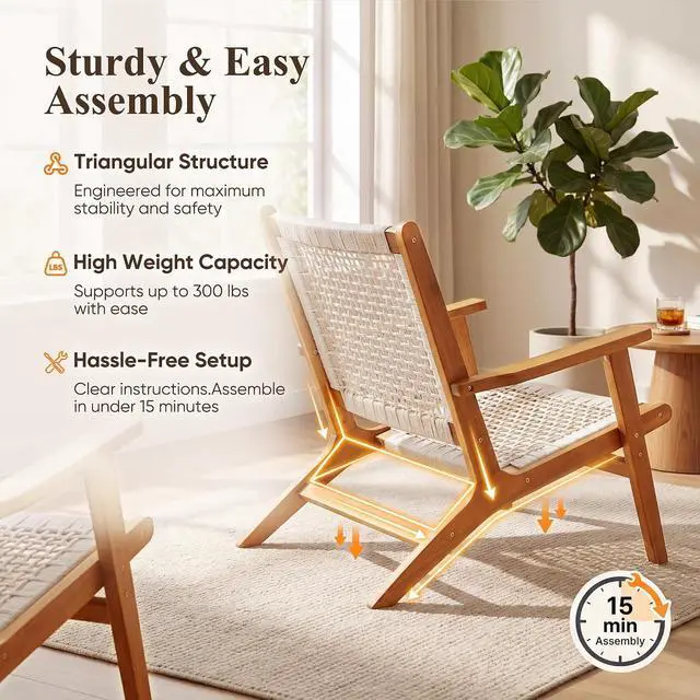 Alt view image 5 of 7 - Patio Chairs, Adirondack Chairs Set of 2, Acacia Wood Outdoor Chairs with Woven Rope Seat for Porch, Poolside, Backyard, Beige
