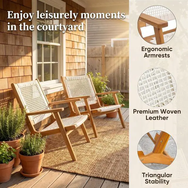 Alt view image 6 of 7 - Patio Chairs, Adirondack Chairs Set of 2, Acacia Wood Outdoor Chairs with Woven Rope Seat for Porch, Poolside, Backyard, Beige