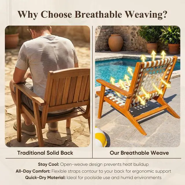 Alt view image 4 of 7 - Patio Chairs Acacia Wood, Adirondack Chairs Set of 2, PE Leather Outdoor Chairs with Soft Cushions for Porch, Poolside, Garden, Beige