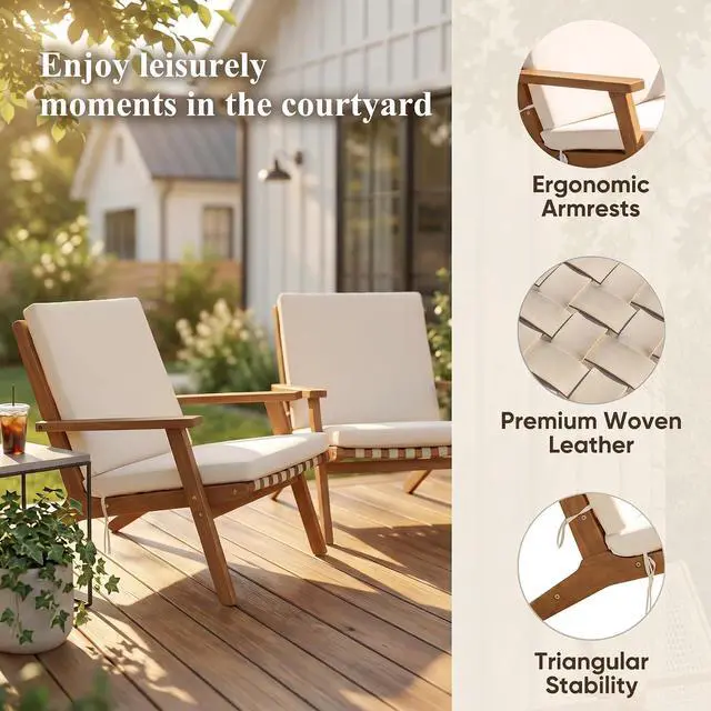 Alt view image 6 of 7 - Patio Chairs Acacia Wood, Adirondack Chairs Set of 2, PE Leather Outdoor Chairs with Soft Cushions for Porch, Poolside, Garden, Beige