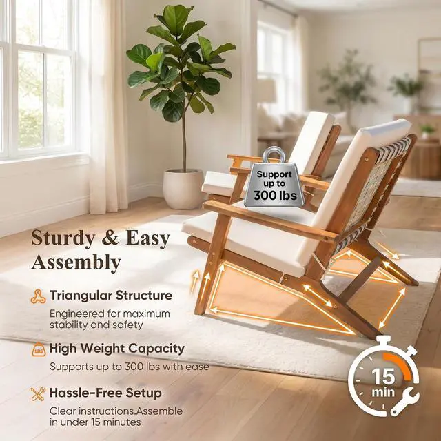 Alt view image 5 of 7 - Patio Chairs Acacia Wood, Adirondack Chairs Set of 2, PE Leather Outdoor Chairs with Soft Cushions for Porch, Poolside, Garden, Beige