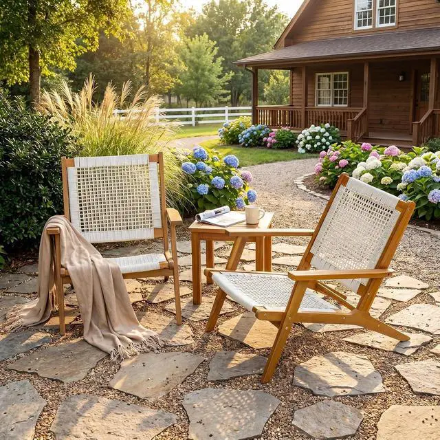 Alt view image 7 of 7 - Patio Chairs, Adirondack Chairs Set of 2, Acacia Wood Outdoor Chairs with Woven Rope Seat for Porch, Poolside, Backyard, Beige