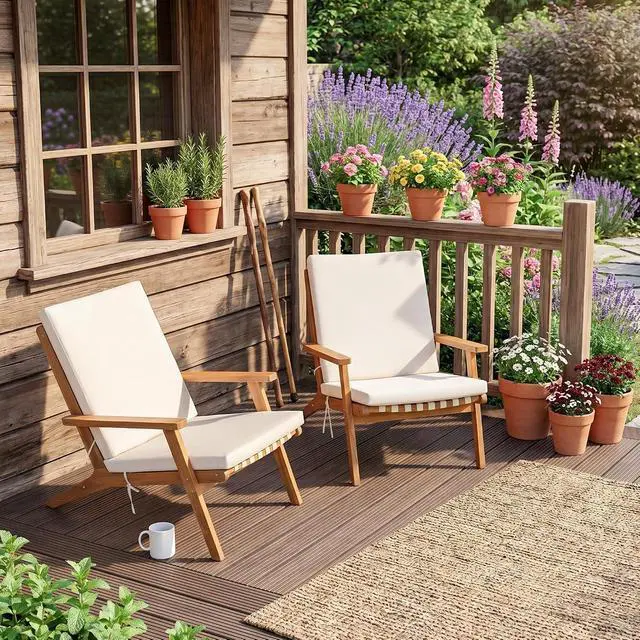 Alt view image 2 of 7 - Patio Chairs Acacia Wood, Adirondack Chairs Set of 2, PE Leather Outdoor Chairs with Soft Cushions for Porch, Poolside, Garden, Beige