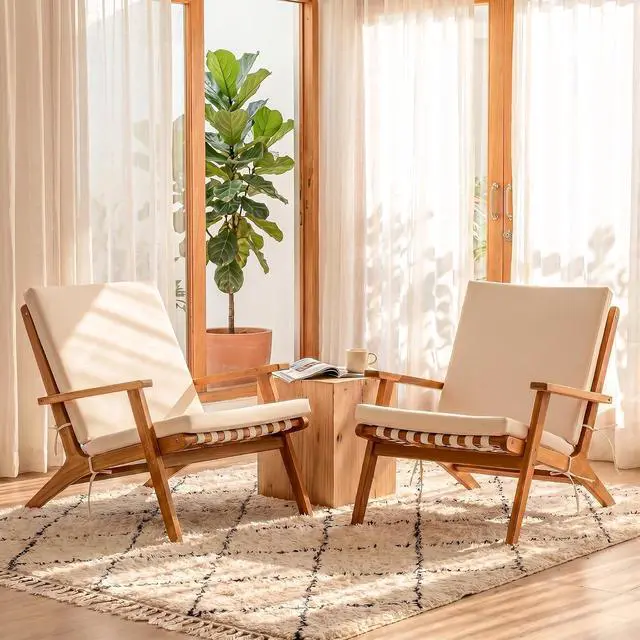 Alt view image 7 of 7 - Patio Chairs Acacia Wood, Adirondack Chairs Set of 2, PE Leather Outdoor Chairs with Soft Cushions for Porch, Poolside, Garden, Beige