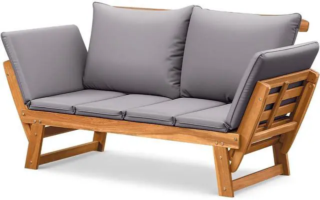 Main image of Outdoor Couch with Adjustable Armrests, Acacia Wood Patio Loveseat with Soft Cushions, Convertible Patio Furniture for Balcony, Porch, Backyard (Grey)