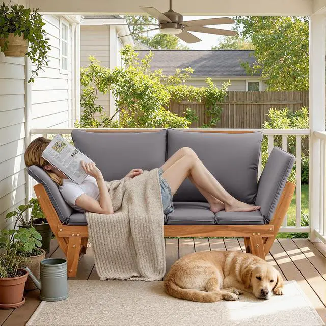 Alt view image 2 of 7 - Outdoor Couch with Adjustable Armrests, Acacia Wood Patio Loveseat with Soft Cushions, Convertible Patio Furniture for Balcony, Porch, Backyard (Grey)
