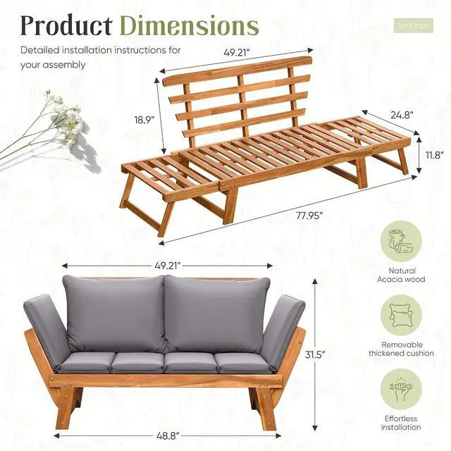 Alt view image 3 of 7 - Outdoor Couch with Adjustable Armrests, Acacia Wood Patio Loveseat with Soft Cushions, Convertible Patio Furniture for Balcony, Porch, Backyard (Grey)