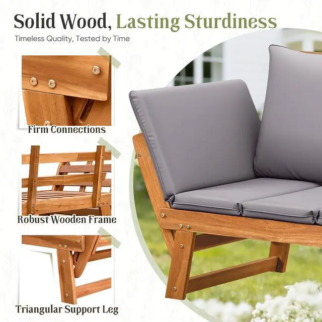 Alt view image 5 of 7 - Outdoor Couch with Adjustable Armrests, Acacia Wood Patio Loveseat with Soft Cushions, Convertible Patio Furniture for Balcony, Porch, Backyard (Grey)