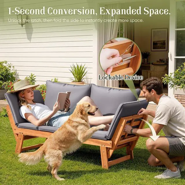 Alt view image 4 of 7 - Outdoor Couch with Adjustable Armrests, Acacia Wood Patio Loveseat with Soft Cushions, Convertible Patio Furniture for Balcony, Porch, Backyard (Grey)