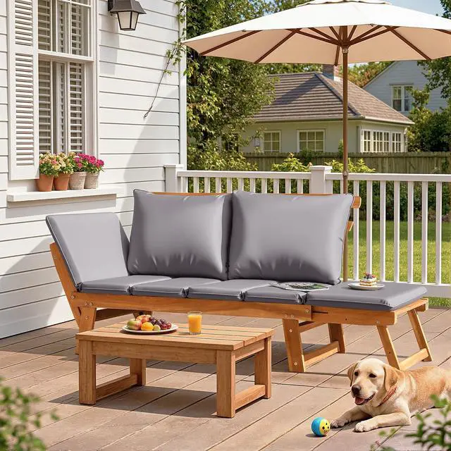 Alt view image 7 of 7 - Outdoor Couch with Adjustable Armrests, Acacia Wood Patio Loveseat with Soft Cushions, Convertible Patio Furniture for Balcony, Porch, Backyard (Grey)