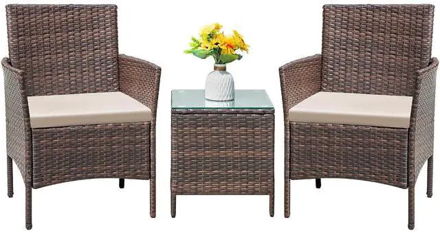 Main image of Patio Furniture Set 3 Pieces All-Weather Rattan Outdoor Furniture Patio Chairs with Tempered Glass Table for Porch Bistro Balcony (Brown/Cream)