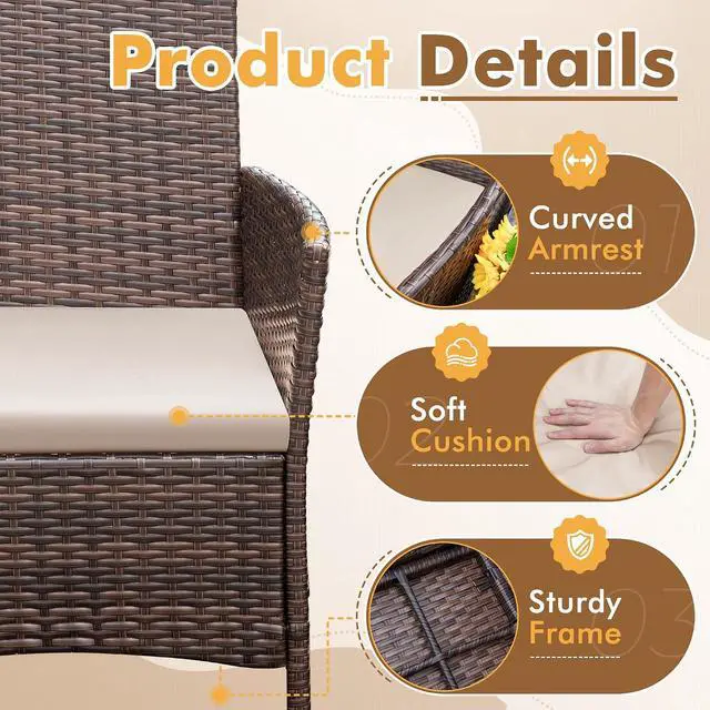 Alt view image 2 of 7 - Patio Furniture Set 3 Pieces All-Weather Rattan Outdoor Furniture Patio Chairs with Tempered Glass Table for Porch Bistro Balcony (Brown/Cream)