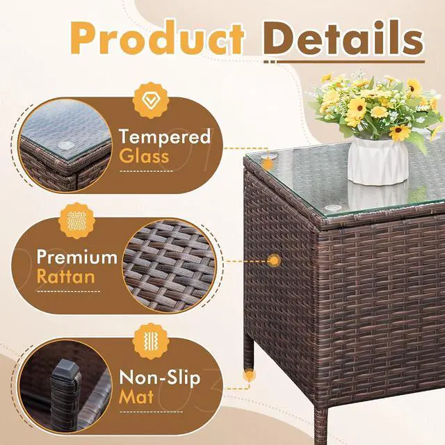 Alt view image 3 of 7 - Patio Furniture Set 3 Pieces All-Weather Rattan Outdoor Furniture Patio Chairs with Tempered Glass Table for Porch Bistro Balcony (Brown/Cream)