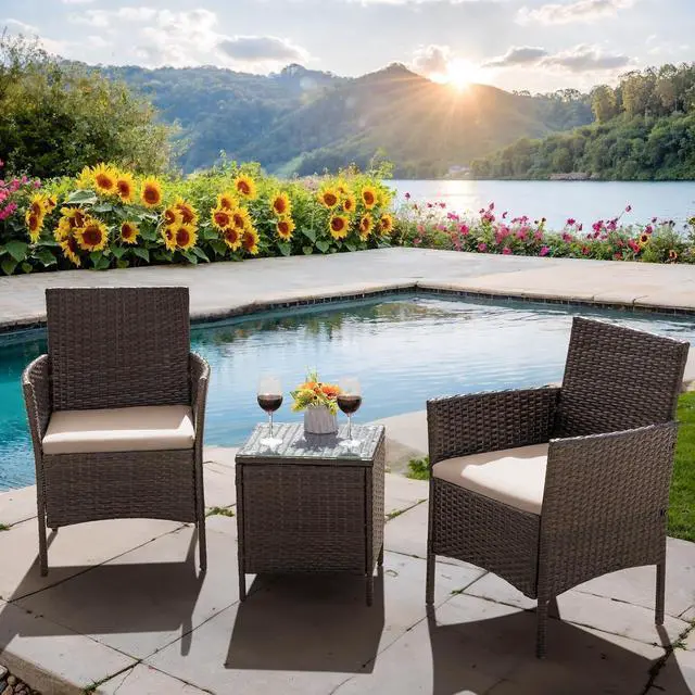 Alt view image 5 of 7 - Patio Furniture Set 3 Pieces All-Weather Rattan Outdoor Furniture Patio Chairs with Tempered Glass Table for Porch Bistro Balcony (Brown/Cream)