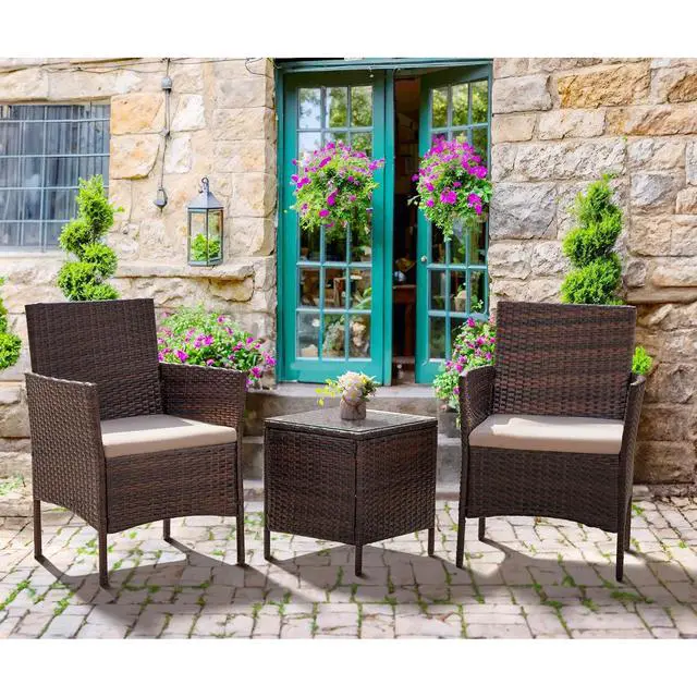Alt view image 4 of 7 - Patio Furniture Set 3 Pieces All-Weather Rattan Outdoor Furniture Patio Chairs with Tempered Glass Table for Porch Bistro Balcony (Brown/Cream)