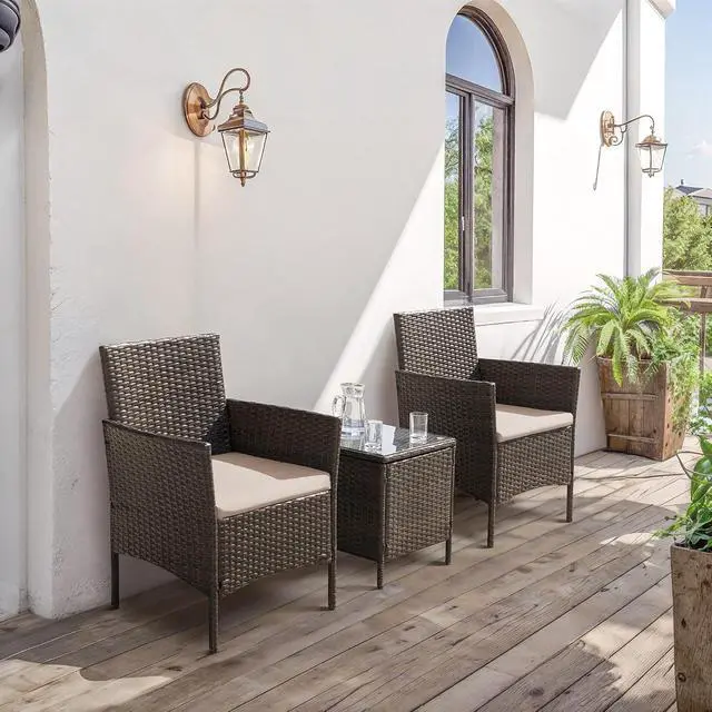 Alt view image 6 of 7 - Patio Furniture Set 3 Pieces All-Weather Rattan Outdoor Furniture Patio Chairs with Tempered Glass Table for Porch Bistro Balcony (Brown/Cream)