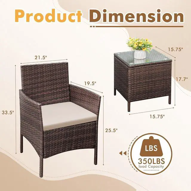 Alt view image 7 of 7 - Patio Furniture Set 3 Pieces All-Weather Rattan Outdoor Furniture Patio Chairs with Tempered Glass Table for Porch Bistro Balcony (Brown/Cream)