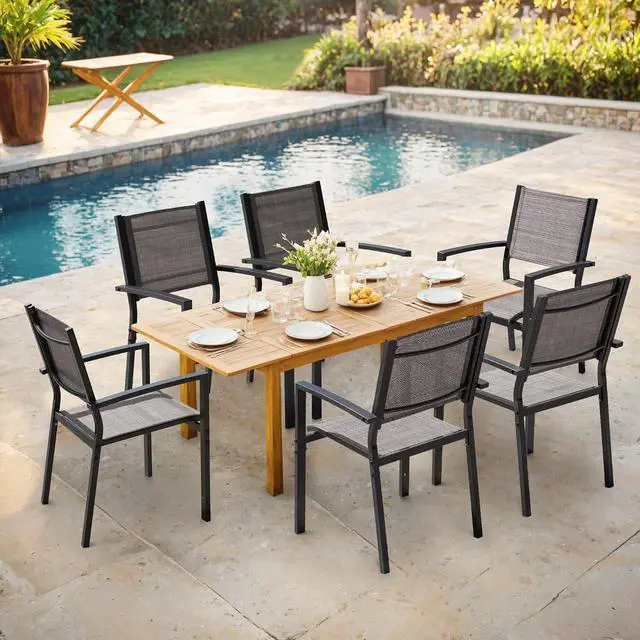 Alt view image 2 of 7 - Patio Chairs Textilene Outdoor Chairs Set of 6 Stackable Dining Chair for Backyard, Deck, Poolside (Grey)