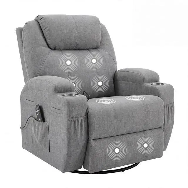 Main image of Small Swivel Rocker Recliner, 360 Rocking Chair Recliner with Massage, Upholstered Fabric Rocker Recliner with Cup Holder for Living Room, Bedroom, Nursery (Gray)