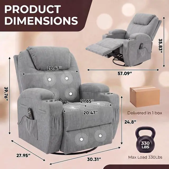 Alt view image 3 of 7 - Small Swivel Rocker Recliner, 360 Rocking Chair Recliner with Massage, Upholstered Fabric Rocker Recliner with Cup Holder for Living Room, Bedroom, Nursery (Gray)