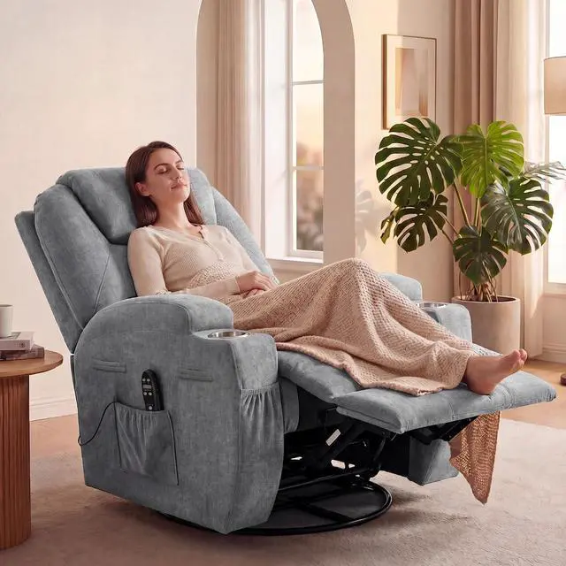 Alt view image 2 of 7 - Small Swivel Rocker Recliner, 360 Rocking Chair Recliner with Massage, Upholstered Fabric Rocker Recliner with Cup Holder for Living Room, Bedroom, Nursery (Gray)