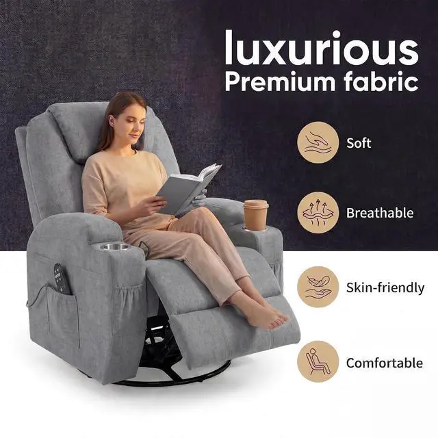 Alt view image 4 of 7 - Small Swivel Rocker Recliner, 360 Rocking Chair Recliner with Massage, Upholstered Fabric Rocker Recliner with Cup Holder for Living Room, Bedroom, Nursery (Gray)