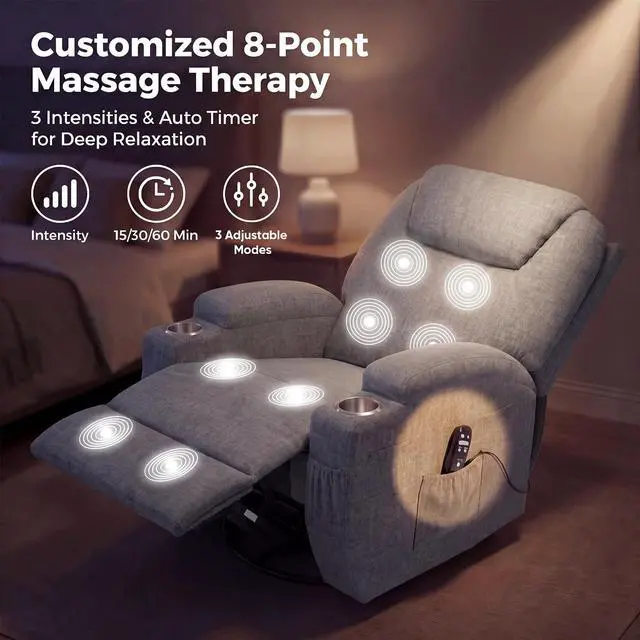 Alt view image 7 of 7 - Small Swivel Rocker Recliner, 360 Rocking Chair Recliner with Massage, Upholstered Fabric Rocker Recliner with Cup Holder for Living Room, Bedroom, Nursery (Gray)