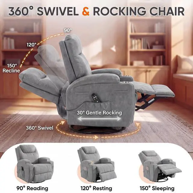 Alt view image 6 of 7 - Small Swivel Rocker Recliner, 360 Rocking Chair Recliner with Massage, Upholstered Fabric Rocker Recliner with Cup Holder for Living Room, Bedroom, Nursery (Gray)