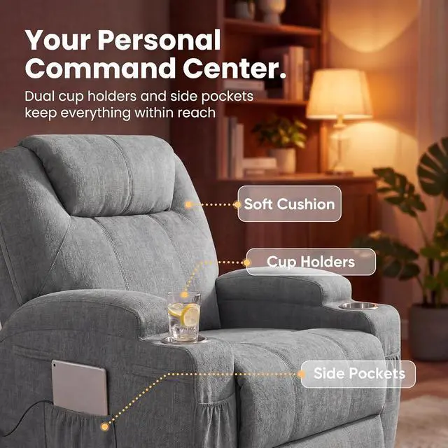 Alt view image 5 of 7 - Small Swivel Rocker Recliner, 360 Rocking Chair Recliner with Massage, Upholstered Fabric Rocker Recliner with Cup Holder for Living Room, Bedroom, Nursery (Gray)