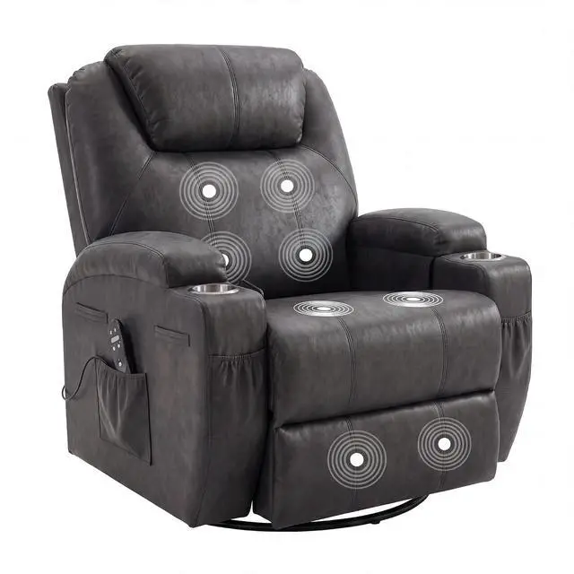 Main image of Small Swivel Rocker Recliner, 360 Rocking Chair Recliner with Massage, Upholstered Leathaire Rocker Recliner with Cup Holder for Living Room, Bedroom, Nursery (Black)