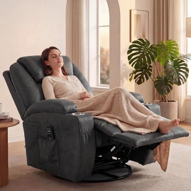 Alt view image 2 of 7 - Small Swivel Rocker Recliner, 360 Rocking Chair Recliner with Massage, Upholstered Leathaire Rocker Recliner with Cup Holder for Living Room, Bedroom, Nursery (Black)