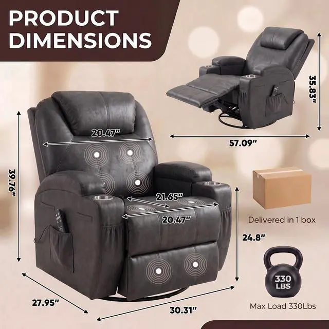 Alt view image 3 of 7 - Small Swivel Rocker Recliner, 360 Rocking Chair Recliner with Massage, Upholstered Leathaire Rocker Recliner with Cup Holder for Living Room, Bedroom, Nursery (Black)