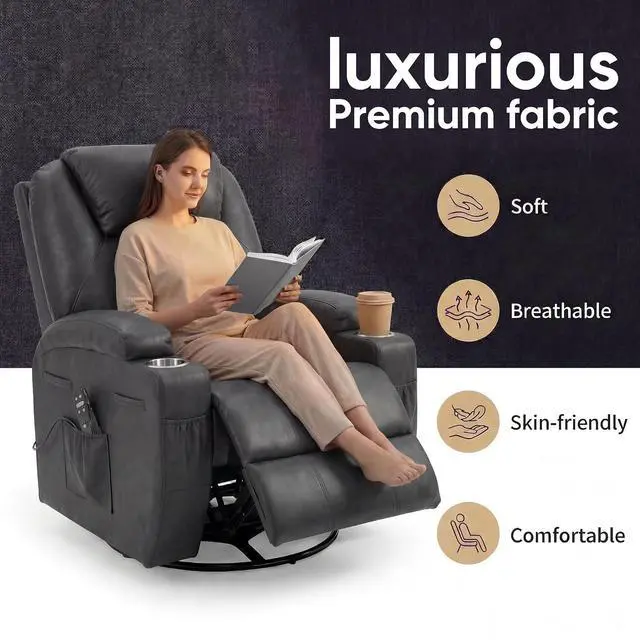 Alt view image 4 of 7 - Small Swivel Rocker Recliner, 360 Rocking Chair Recliner with Massage, Upholstered Leathaire Rocker Recliner with Cup Holder for Living Room, Bedroom, Nursery (Black)