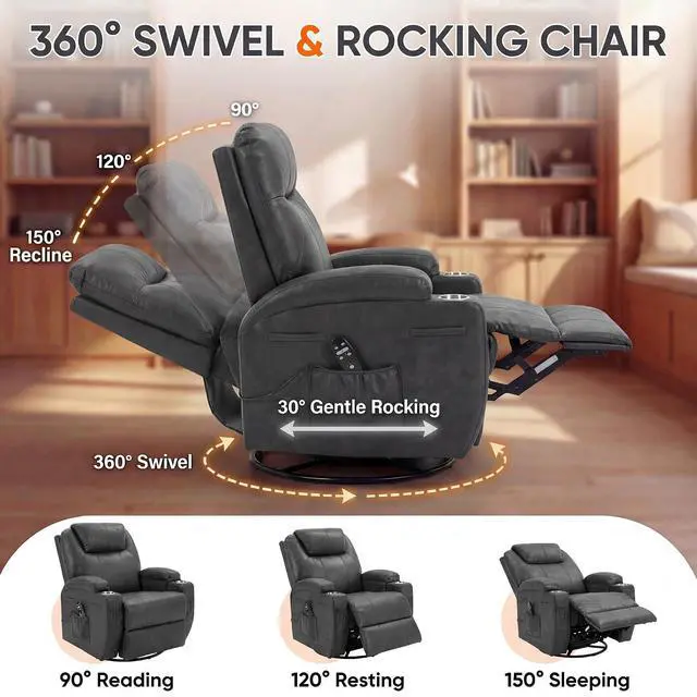 Alt view image 6 of 7 - Small Swivel Rocker Recliner, 360 Rocking Chair Recliner with Massage, Upholstered Leathaire Rocker Recliner with Cup Holder for Living Room, Bedroom, Nursery (Black)