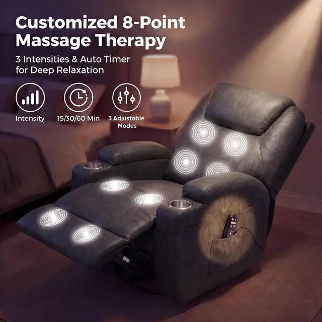 Alt view image 7 of 7 - Small Swivel Rocker Recliner, 360 Rocking Chair Recliner with Massage, Upholstered Leathaire Rocker Recliner with Cup Holder for Living Room, Bedroom, Nursery (Black)