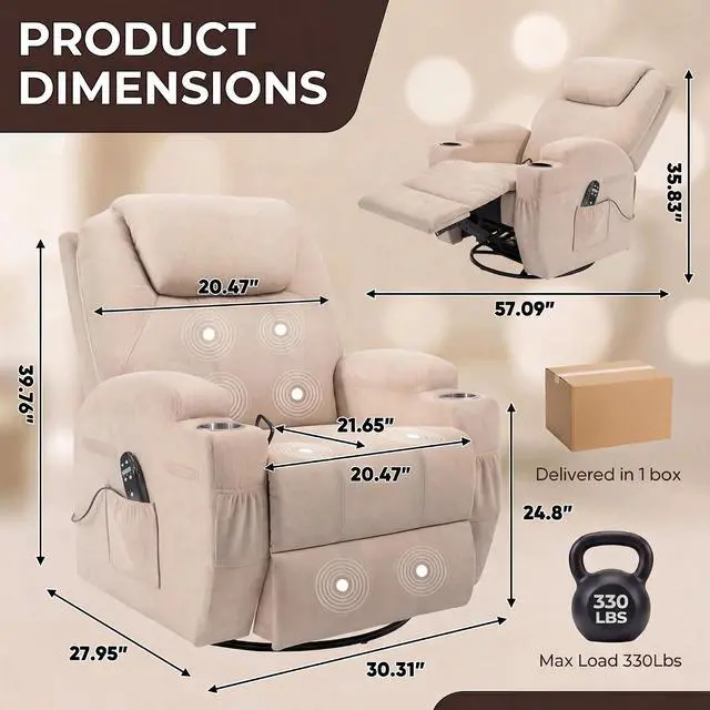 Alt view image 3 of 7 - Small Swivel Rocker Recliner, 360 Rocking Chair Recliner with Massage, Upholstered Fabric Rocker Recliner with Cup Holder for Living Room, Bedroom, Nursery (Beige)
