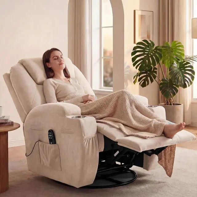 Alt view image 2 of 7 - Small Swivel Rocker Recliner, 360 Rocking Chair Recliner with Massage, Upholstered Fabric Rocker Recliner with Cup Holder for Living Room, Bedroom, Nursery (Beige)