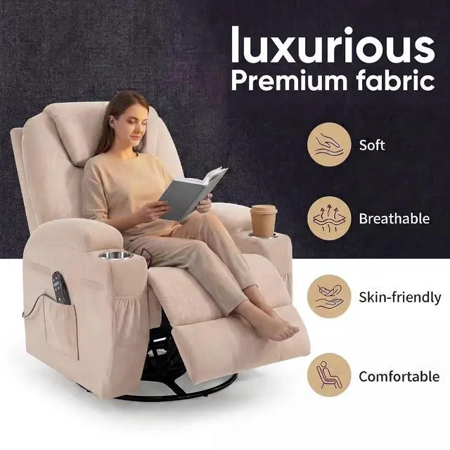 Alt view image 4 of 7 - Small Swivel Rocker Recliner, 360 Rocking Chair Recliner with Massage, Upholstered Fabric Rocker Recliner with Cup Holder for Living Room, Bedroom, Nursery (Beige)