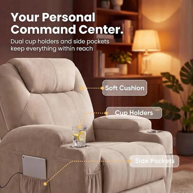 Alt view image 5 of 7 - Small Swivel Rocker Recliner, 360 Rocking Chair Recliner with Massage, Upholstered Fabric Rocker Recliner with Cup Holder for Living Room, Bedroom, Nursery (Beige)