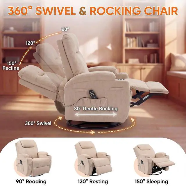 Alt view image 6 of 7 - Small Swivel Rocker Recliner, 360 Rocking Chair Recliner with Massage, Upholstered Fabric Rocker Recliner with Cup Holder for Living Room, Bedroom, Nursery (Beige)