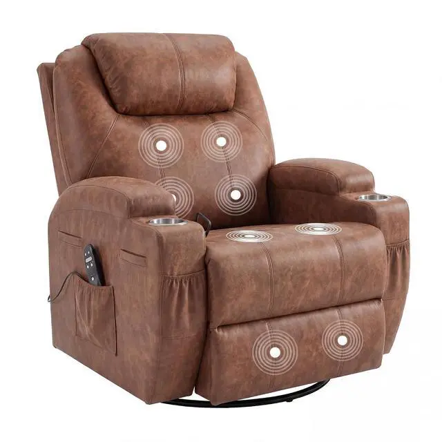 Main image of Small Swivel Rocker Recliner, 360 Rocking Chair Recliner with Massage, Upholstered Leathaire Rocker Recliner with Cup Holder for Living Room, Bedroom, Nursery (Dark Brown)