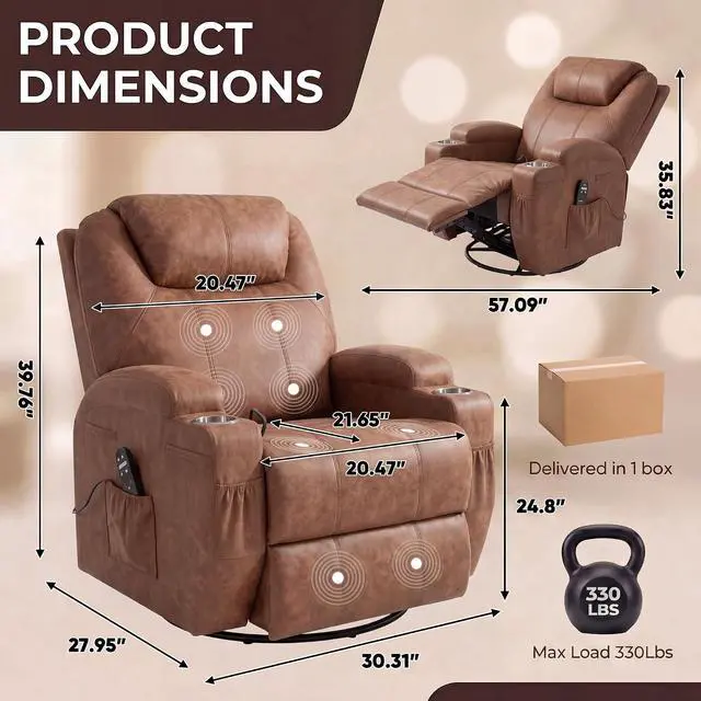 Alt view image 3 of 7 - Small Swivel Rocker Recliner, 360 Rocking Chair Recliner with Massage, Upholstered Leathaire Rocker Recliner with Cup Holder for Living Room, Bedroom, Nursery (Dark Brown)