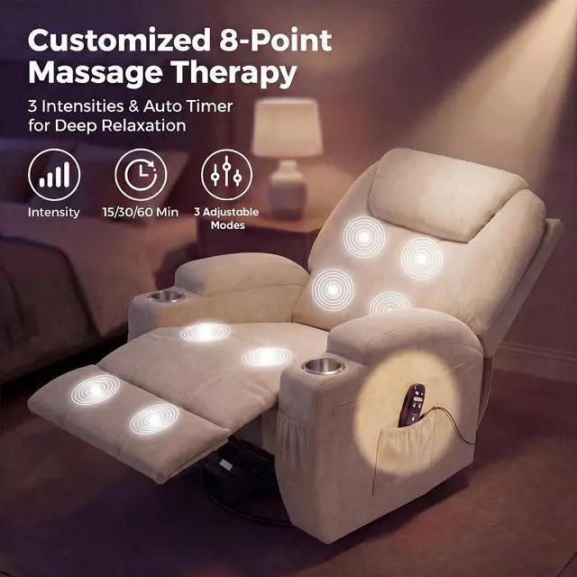 Alt view image 7 of 7 - Small Swivel Rocker Recliner, 360 Rocking Chair Recliner with Massage, Upholstered Fabric Rocker Recliner with Cup Holder for Living Room, Bedroom, Nursery (Beige)