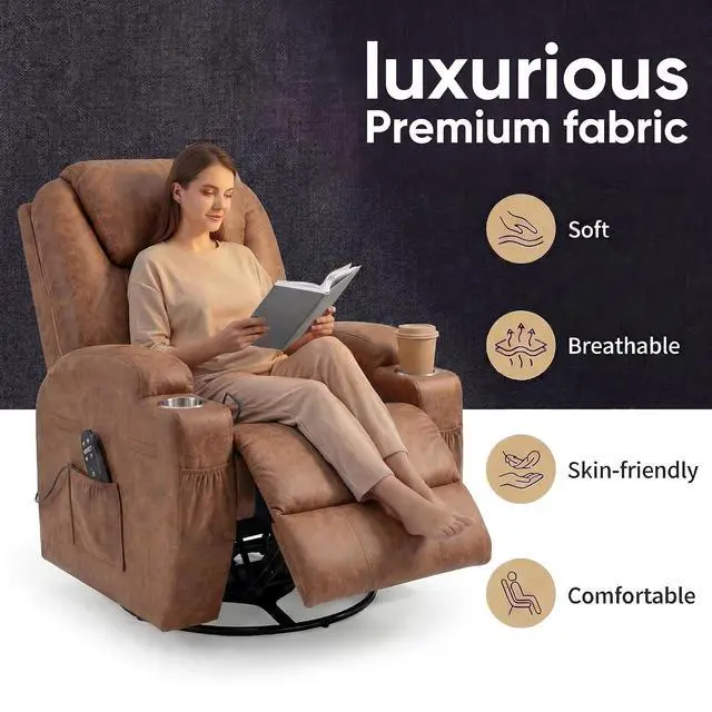 Alt view image 4 of 7 - Small Swivel Rocker Recliner, 360 Rocking Chair Recliner with Massage, Upholstered Leathaire Rocker Recliner with Cup Holder for Living Room, Bedroom, Nursery (Dark Brown)